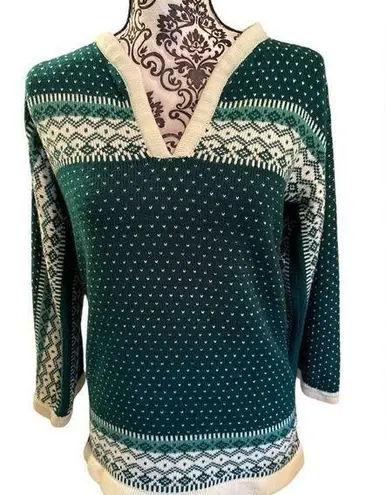 Vintage Green & Cream Acrylic Sweater V Neck Wide Sleeves Size L Fits Like M Size M