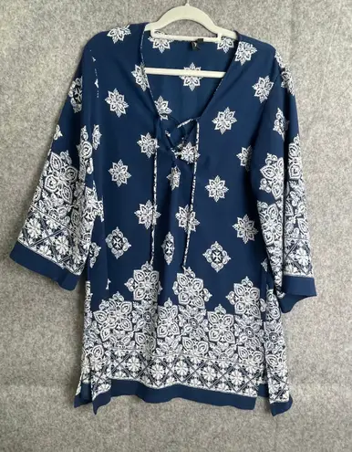 Portocruz Navy White Boho Floral Print Tunic Cover Up XL Tasseled V