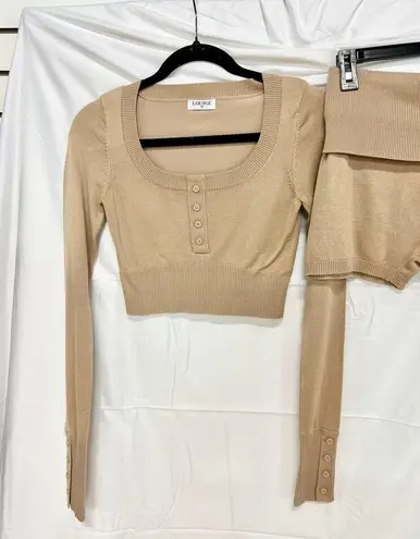 Lounge Knitted Long Sleeve Crop Top & Fold Waist Shorts Set Tan Women's Size XS