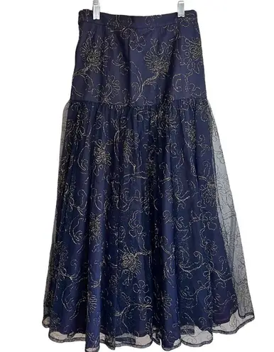 St Gillian Sportswear Vintage Drop Waist Maxi Skirt 6 Navy & Gold Sheer Fabric Blue