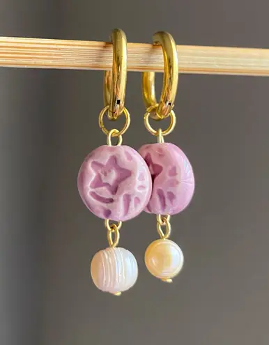 Handmade quality star coin ceramic beads & light pink freshwater pearls unique boho fairy whimsical dangle hoop earrings🌝⭐️