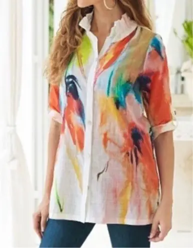 Soft Surroundings Isla Grande 100% Cotton Multicolor Watercolor Button Front Top
