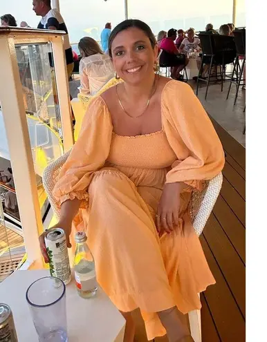 LOUNA Orange Square Neckline Puff Sleeves Chic Flowy Midi Dress size Medium