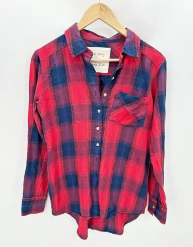 Girl Krazy Shirt Women SMALL Red Blue Plaid Flannel Long Sleeve Button Down