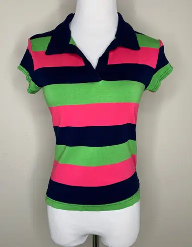 Girl Power Y2k Baby Tee Polo Stripe Pink Lime Green Blue Sz XS
