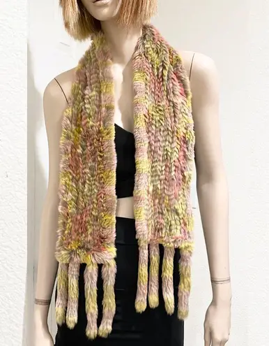 Multicolor Rabbit Fur Knitted Fringe Scarf Yellow