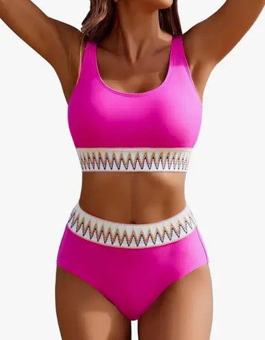 Aimage Women's High Waist Two Piece Bikini Set Aztec Swimsuit Pink L Large NEW