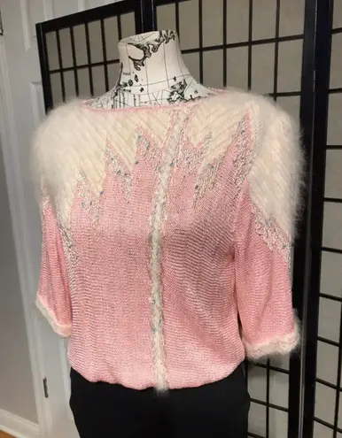 Vintage Crochet Macrame Angora chunky knit Breathable Pastel sweater shirt coquette coastal cottage Western Pink Size M