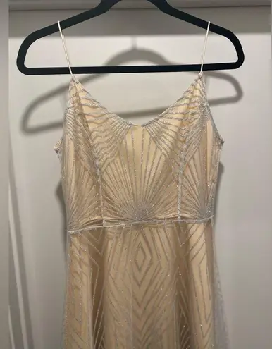 Beige Cream & Silver Glittery Art Deco Patterned Overlay Sleeveless Dress