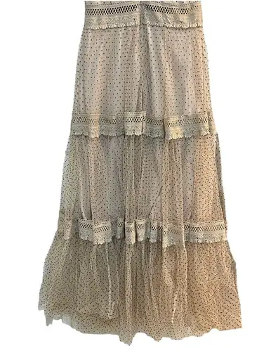 CHOKLATE Paris Dotted Tulle Maxi Dress Cream/Black Ruffle Sleeve Tier Size Small