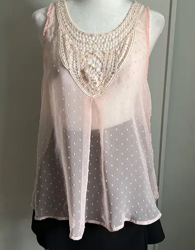 Romantic Sheer Pale Pink Crochet Scoop Neckline Textured Tank Top