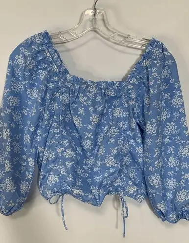 Speed Limit Womens Blouse Cropped Square Neck Drawstring Floral Blue Medium