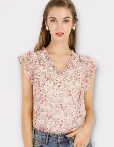 Allegra K New Women's Ruffle Tops Casual V Neck Floral Blouse Pink X-Small