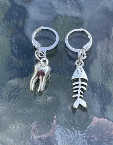Handmade Silver Y2k Tooth Fishbone Hoop Earrings , Punk Goth Boho Silver
