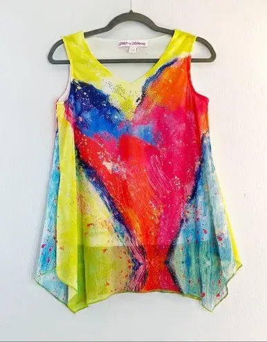 Leoma Lovegrove Tank Top Brightly Bedazzled V Neck Sleeveless Chiffon Top S EUC