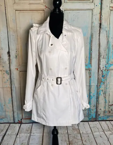Black Rivet White Nylon Double Breasted Belted Trench Coat L