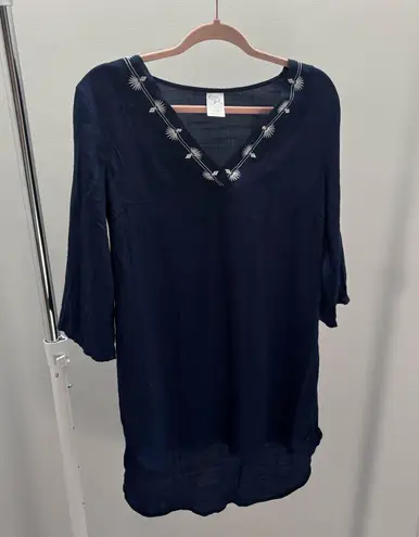 Kona Sol Blue Tunic Swim Cover-Up with White Embroidery