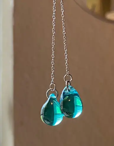 Handmade aqua teardrop Czech glass simple minimalist threader earrings💙