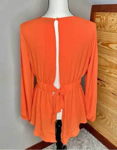 New York And Company Orange Chiffon Long Sleeve Tie Back Top Blouse Small