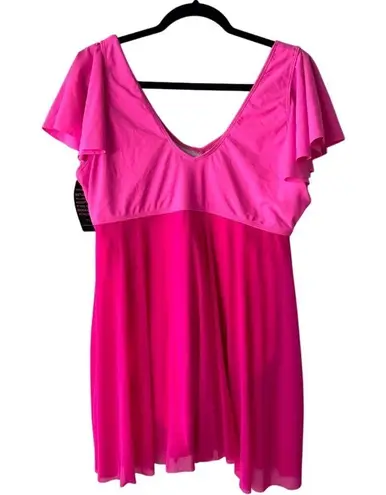 Blooming Jelly Swimsuit Dress Cover Up Flounce Sleeve V Neck Hot Pink Plus Size XXL