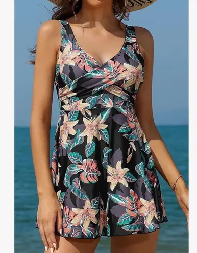 SHEKINI Elegant Twist Shirring One Piece Swimdress Tummy Control Skirt Black Size XXL