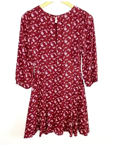 Jun & Ivy Maroon Floral Godet Mini Flounce Dress in Pink and Maroon