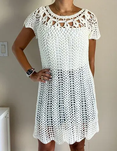 Mumu Mellow Crochet The Day Away Beige Cream Short Sleeve Dress Coverup Size M