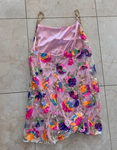 Floral NWOT Embroidered Sequined Mini Dress Sz Small Gold Chain Straps