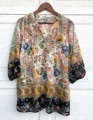 Figueroa & Flower Womens Shirt Blouse Sheer Floral Mixed Print 3/4 Sl Plus 1X Gold