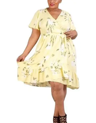 Rachel Roy Plus 2X Yellow Floral Wrap Dress with Asymmetrical Hem