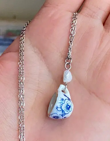 Handmade porcelain tea cup & freshwater pearl unique fun fairy antique style necklace🫖🍃🌀