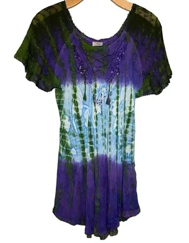 Advance Apparels One Size Purple Green Tie Dye Dina Relaxed Sequin Blouse Top