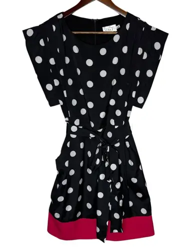 Eliza J Crepe Polka Dot Belted Mini Dress with Contrast Pink Trim, size 4