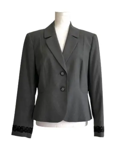 Tahari ASL Blazer Jacket Petite Charcoal Gray Black Lace Trim Career Size 12P