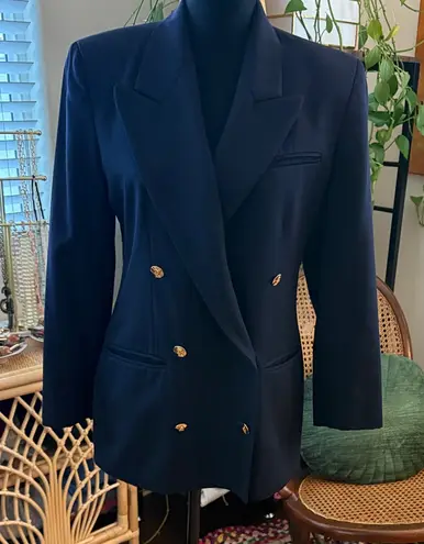 Vintage Austin Reed London NY Navy Blue Double Breasted Wool Blazer Jacket Size 6