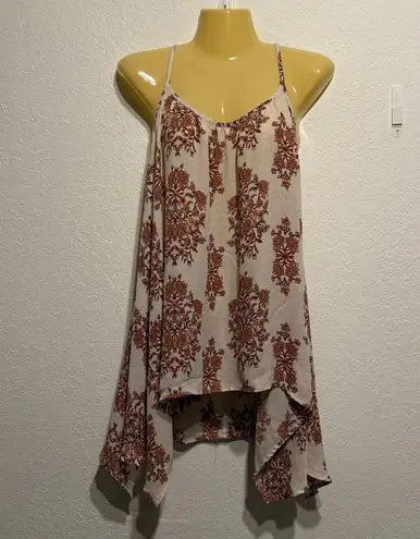BKE Boutique Floral Handkerchief Hem Flowy Tank Beige Pink Blouse Brown Boho L