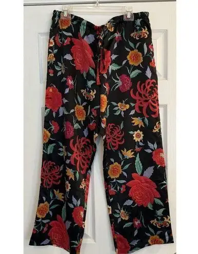 Natori Womens LG Satin Sleep Pants Black Floral Vibrant Wide Leg Tropical Flowy