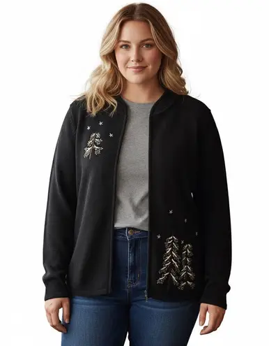 Breckenridge Vintage Christmas Sweater Cardigan Zip Trees 1X Embroidered Black Green
