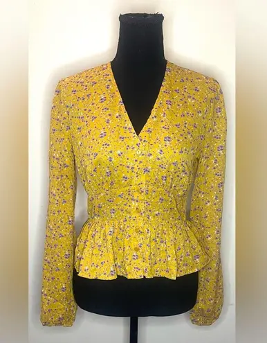 Lost + Wander - Womens‎ Sol Floral Print Long Sleeves Peplum Top Yellow Size S