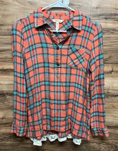 Matilda Jane  Noble Button Down Plaid Coral Lace Cottagecore Tunic Top small