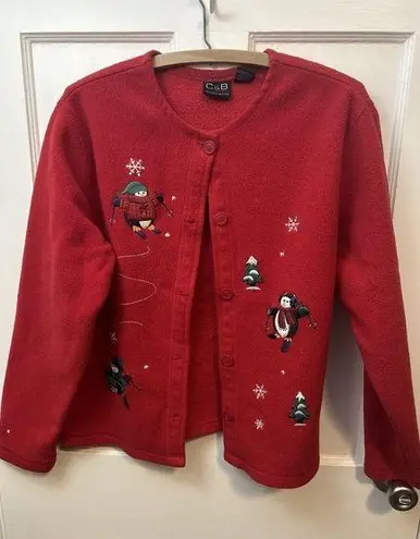 Croft & Barrow Vintage  Winter Penguin Skiing Cardigan Red Grandmacore Sweater