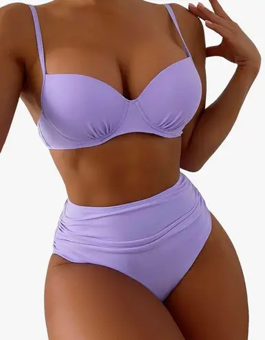 UNBRANDED Lilac 2 Piece Ruched High Waisted Push Up Spaghetti Strap Bikini Swimsuit Purple