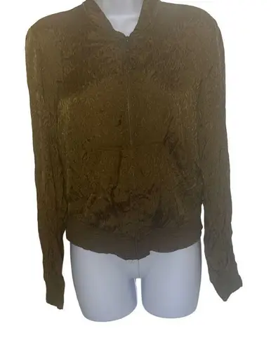 Maeve Anthropologie XS Olive Green Floral Lightweight Zip Up Silky Bomber Jacket
