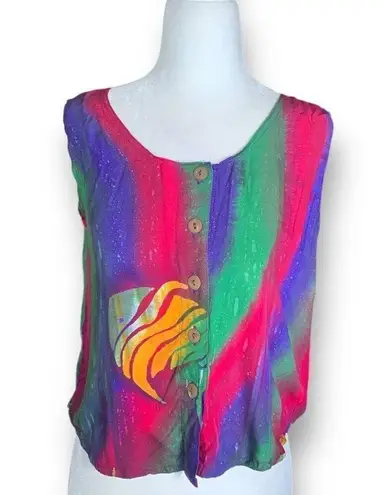 Vintage Young Fashion Top Multicolor Batik Rainbow Fish Print Scoopneck Tank Pink