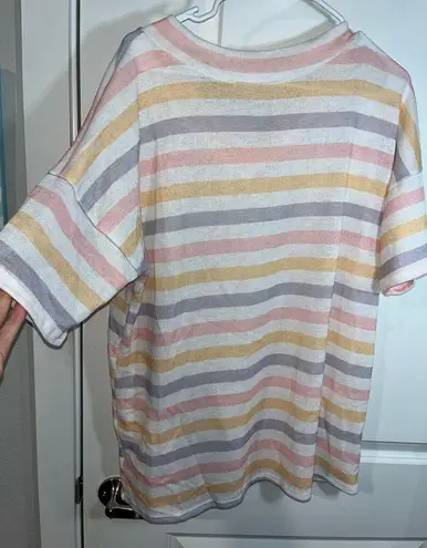 BomBom Pastel Stripped Knitted Spandex Polyester Short Sleeve Blouse Size XL