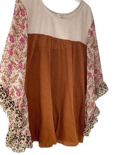 Women's Waffle Knit Batwing Sleeve Brown Knitted Blouse Top Size XXL