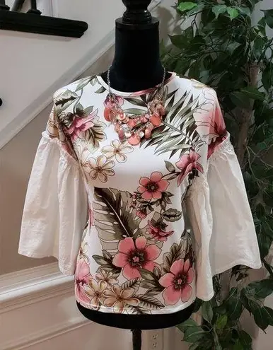 Women White Floral Polyester Crew Neck Long Flared Sleeve Top Blouse Size Large