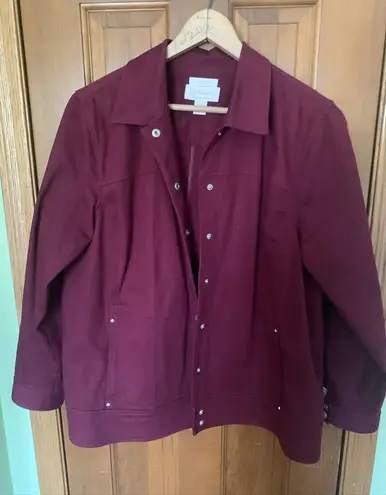 CJ BANKS STRETCH DENIM SZ 1X MAROON STUDDED NO POCKETS BUTTON UP FRONT JACKET