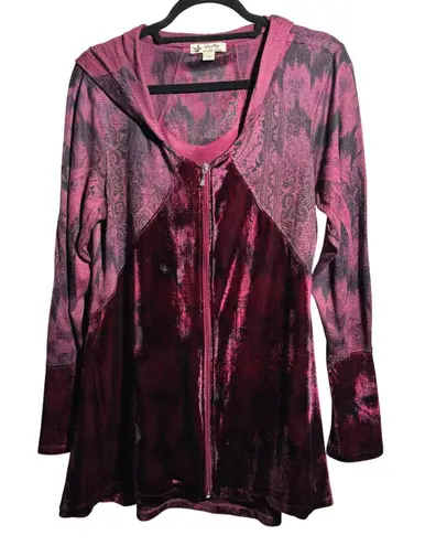 VTG Y2K Unity Womens Burgundy Velvet Zip Jacket Hoodie Floral Fairy Grunge L Purple Size L