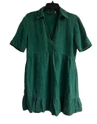 ZARA Tiered Linen Mini Dress Kelly Green Collared Short Sleeve size XS -  $23 - From Gaby